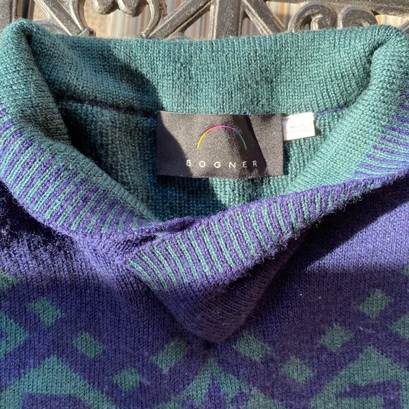 Vintage Bogner - Nordic Ski Sweater - 100% Wool - Geometric Navy Blue and Green - Picture 10 of 16
